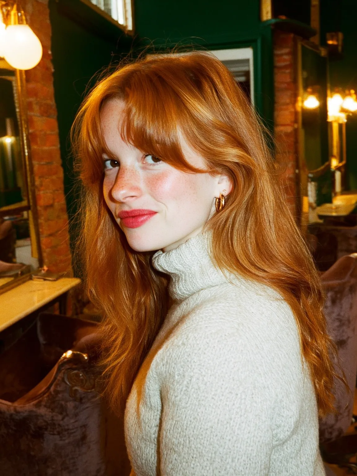 Long Wavy Layers with Warm Copper Curtain Bangs